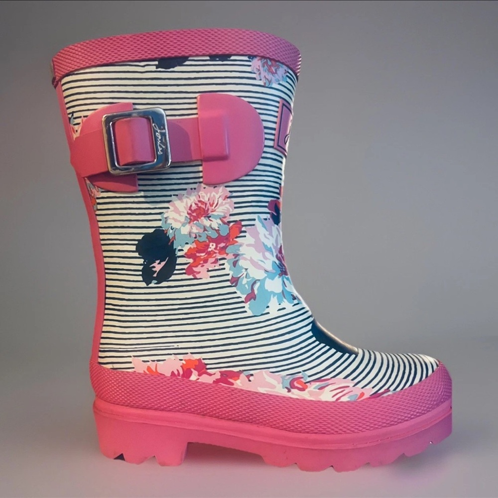 Joules Navy & Pink Floral Stripe Girls Waterproof Rain Boots; US 9(3/4yr.)